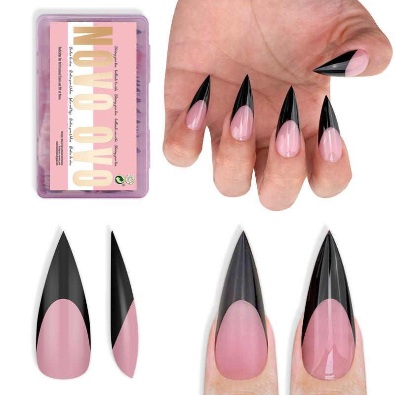 NOVO OVO Black French Tip Sharp Stiletto Pointed Medium Long Nail Tips Press on Berry Pink, Soft Gel Fake Acrylic Extension, Full Cover False Nails for Salon DIY x 16 Sizes 160 pcs【NO GLUE ,TOP COATAND LAMP INCLUDED】