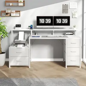 67 Inch Computer Desk with 5 Fabric Drawers, Gaming Desk with LED Lights and Power Outlets, Home Office Study Table with Monitor Stand, USB Type-C