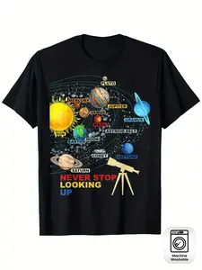 Astronomy Solar System Planets T-Shirt| 'Never Stop Looking Up' Motif, Short Sleeve, Round Neck, Machine Washable, Casual Style, All-season Fit