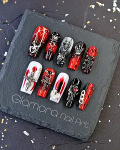Blood Red & Black Gothic Press-On Nails – Handmade Vampire Dark Glam Nail Art | FDA-Approved