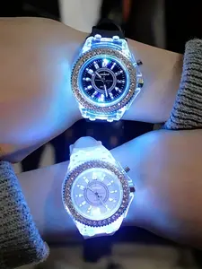 [Rhinestone Watch] Luminous Rhinestone Full Edge Dial Watch | Fashion Silicone Quartz Casual Watch For Boys And Girls | Ideal Choice For School Supplies, Gifts, Wristwatch, Stylish Watch