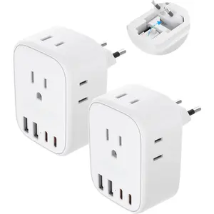 2 Pack European Travel Plug Adapter,   to  Type-C Foldable Power Plug with 4 Outlets 4 USB Ports (2 USB C), Power Adaptor for  to EU Euro Iceland Spain  France  Greece
