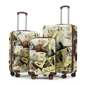 20"/24"/28" 3 pcs/set PC Spinner Wheel Luggage Set with Printed City Stamps Pattern & Combination Lock Carry on Suitcase for Travel