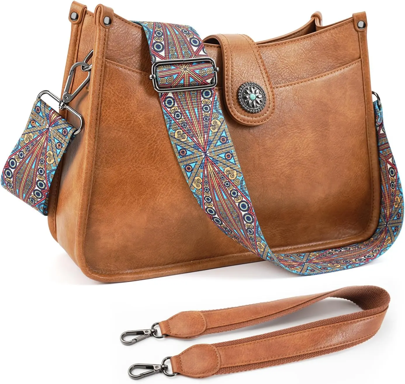 Casual Hobo Purse for Women, Retro Non-fading PU Leather Crossbody Shoulder Bag with 2 Straps, Large Multi-Pocket Handbag, Hobo Crossbody Purses, Handbag Shoulder Bag, Adjustable Strap, Boho Strap