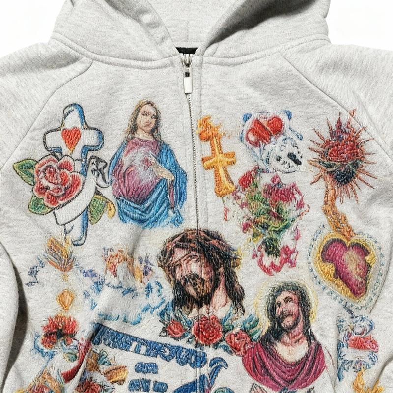 Y2K Religious Tattoo Pattern Zip-Up Hoodie - Cropped Street Style Pullover Sweatshirt, Artistic Print, Casual Loose Fit, Jesus Faith Jacket, Unisex