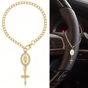 Steering Wheel Rosary Charm Accessory Catholic Rosary Hanging Pendant Cross for Car Virgin Mary Charm Crucifix Christian Gifts Gold 15cm Adjustable Beads