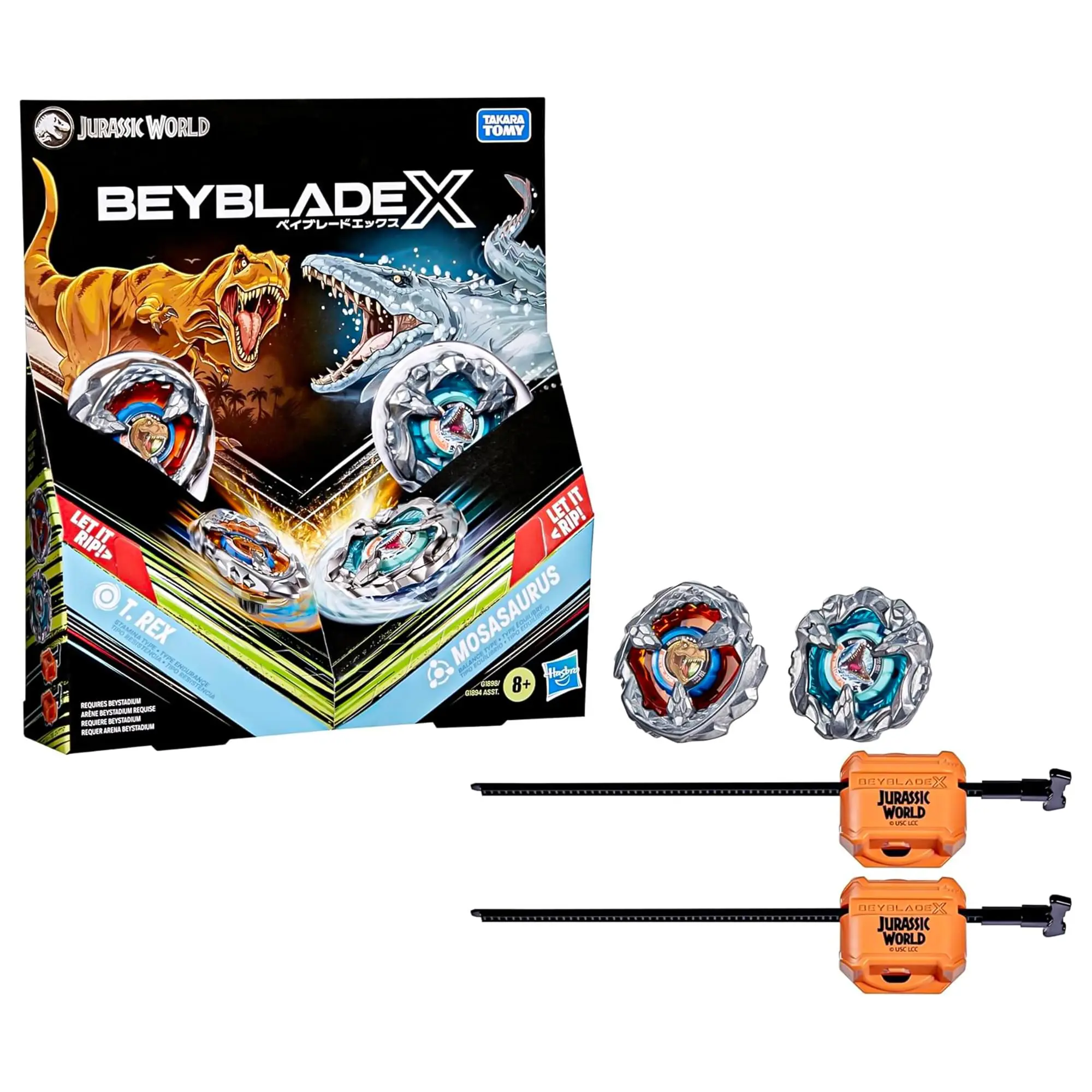 Beyblade X Jurassic World T. Rex vs Mosasaurus Spinning Tops 2-Pack Multipack Set, with Launchers, Interchangeable Blade for Battle Games & Score Points