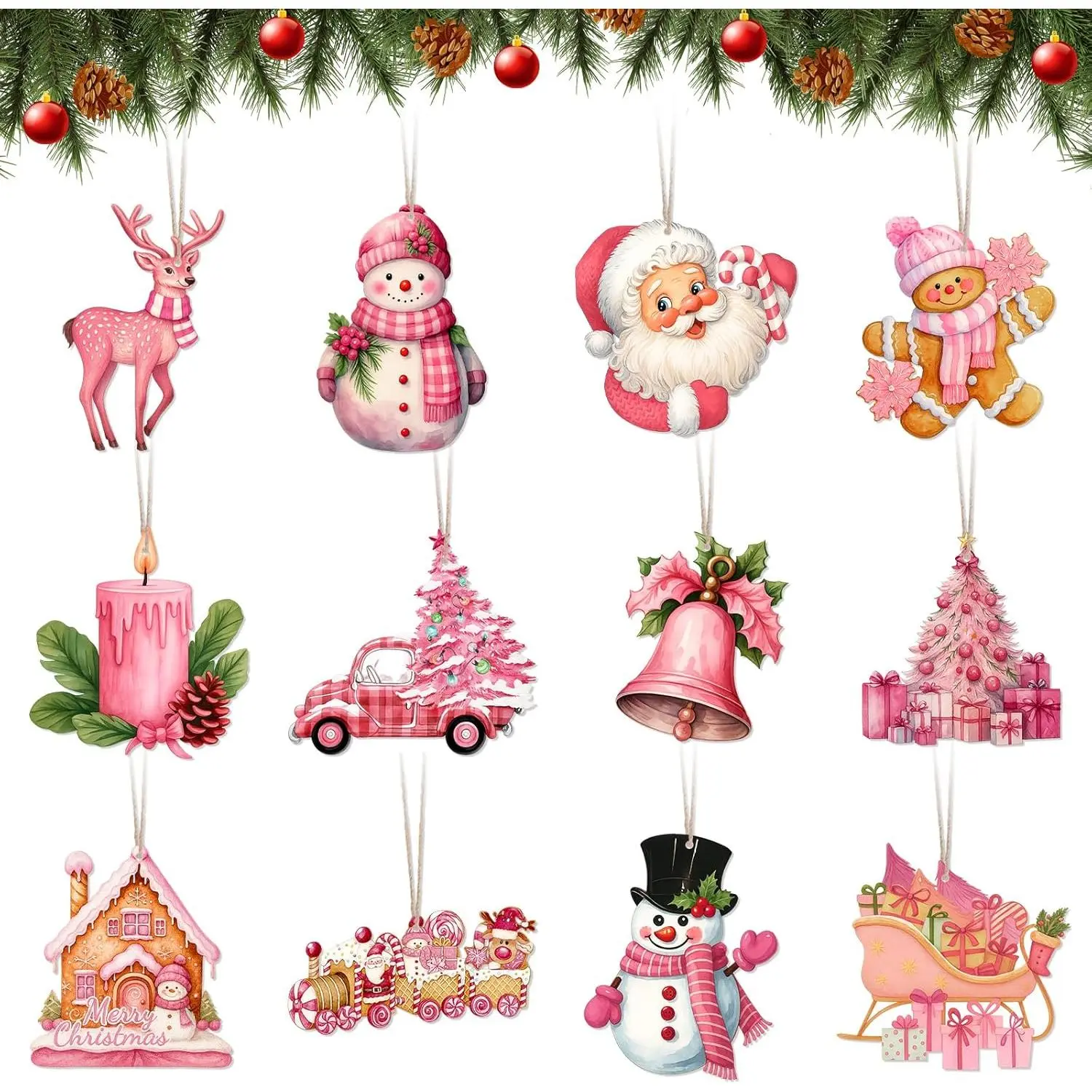 Christmas Tree Decorations 24 count   Santa Claus Snowman Wooden Tree Ornaments Merry Christmas Cute Xmas Hanging Ornaments for Indoor  Mantle Fireplace Party Supplies