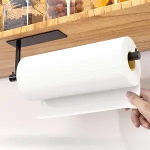 Paper Towel Holder - Paper Towel Hanging with Hook, Self-Adhesive or Drilling Stainless Steel Black Towel Holder Under Cabinet Wall Mount