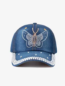 Women's Butterfly Decorative Jeans Baseball Hat, Fashionable Rhinestone Butterfly Cap, Adjustable Strap for Daily Wear, Summer Outdoor Style