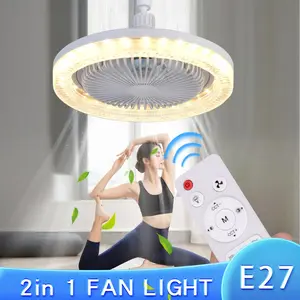 New 2-In-1 E27 Ceiling Fan Light with Remote, Adjustable LED Brightness and Speed, Transparent Shade, Modern Style for Bedroom, Office, Garage, Mall