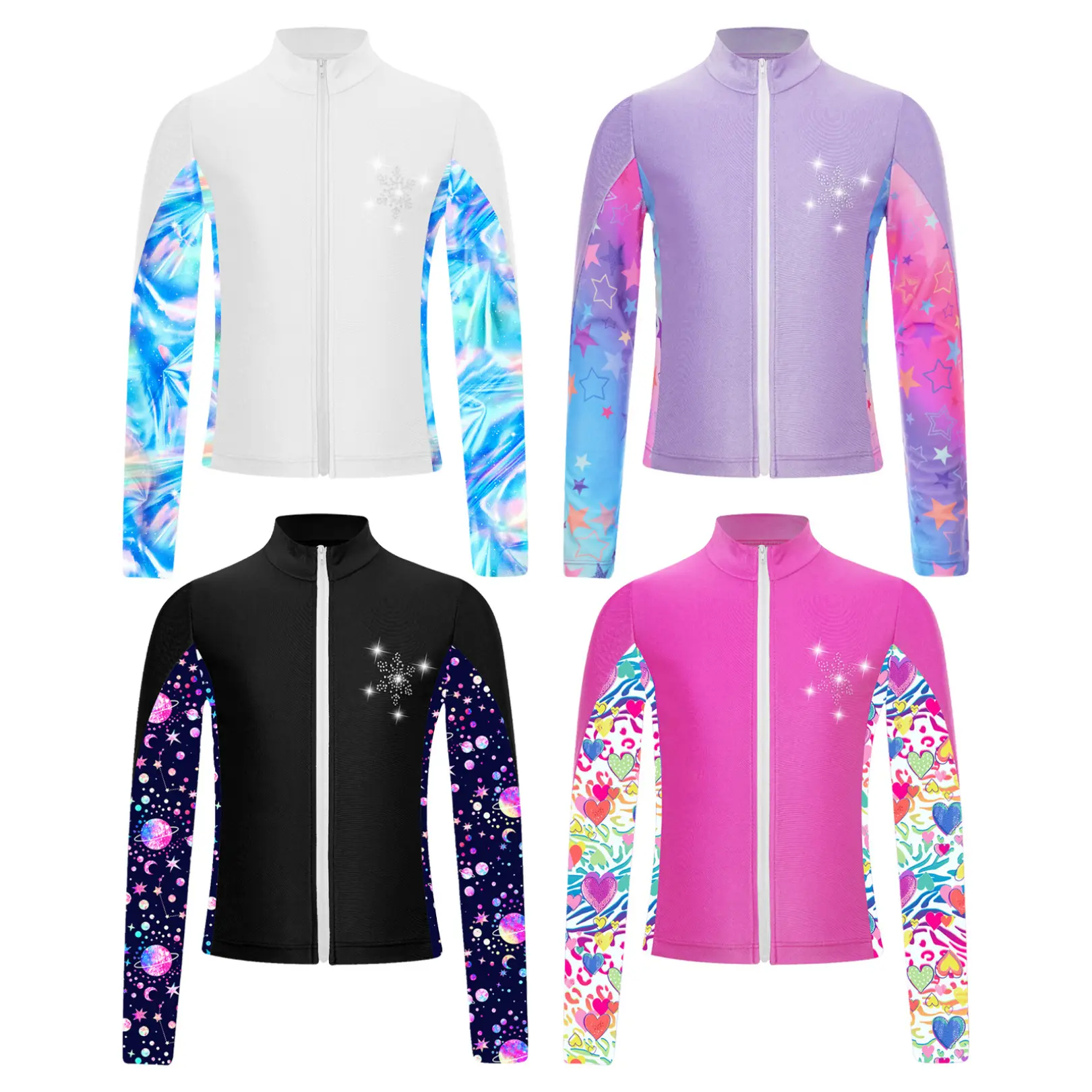easyforever Girls' Figure Skating Jacket - Long Sleeve Athletic Zip-Up Sweatshirt with Sparkly Snowflake Rhinestones for Dance, Yoga, 85% Polyester, 15% Spandex, Collared Neck, Skin-Friendly