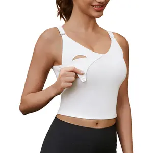 【Ecavus】Women's Maternity Nursing Crop Top with Built-in Bra, Buttery Soft Longline V-Neck Sports Tank for Breastfeeding Moms