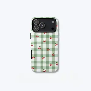 For IPhone 17 Case, Green Gingham with Cherries, Simple Plaid Fruity Design, Aesthetic Summery Spring Cover for IPhone 16 15 14 13 12 11 Pro Max Plus