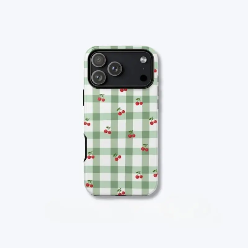 Green Gingham Cherry Protective Smartphone Case - Multi-Model Shockproof Polycarbonate Cover for iPhone 11-17 Pro Max Plus, Precise Cutout, Durable Device Accessory with Summery Spring Phone Aesthetic
