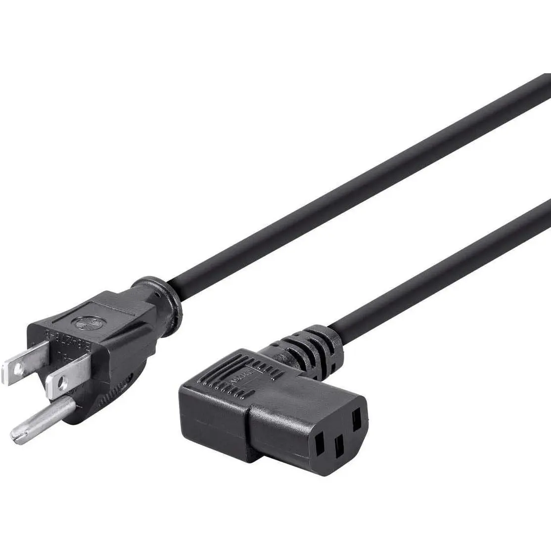Right Angle Power Cord - NEMA 5-15P to Right Angle IEC 60320 C13, 13 Amp, 1625 Watt, 125 Volt, 16AWG, 2 Feet, Black