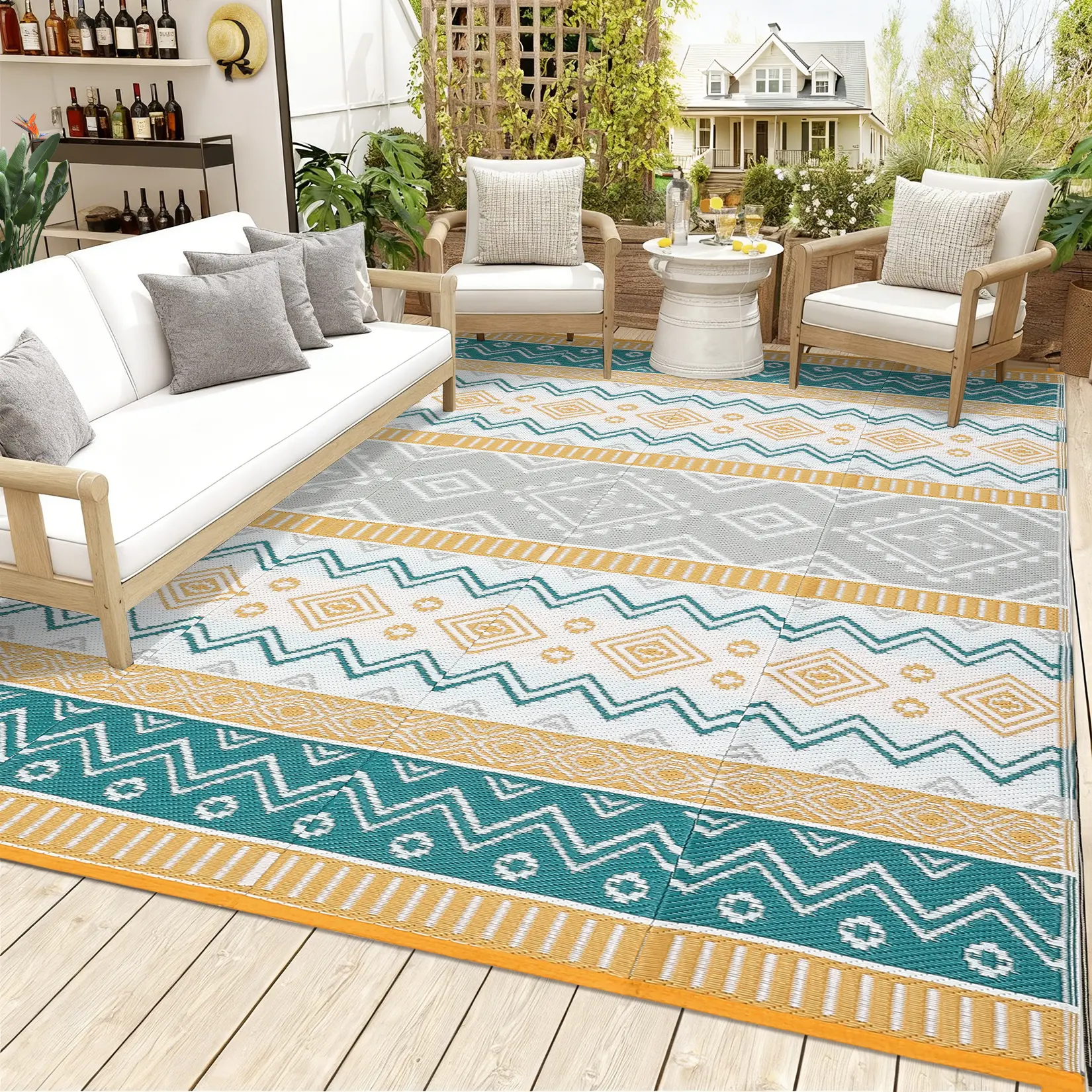 Bohemian Style Outdoor Rug Waterproof Plastic Grass Woven Rug Large Size Foldable Garden Decoration Rug UV Protective for Terraces Balconies Beaches Camping Pools