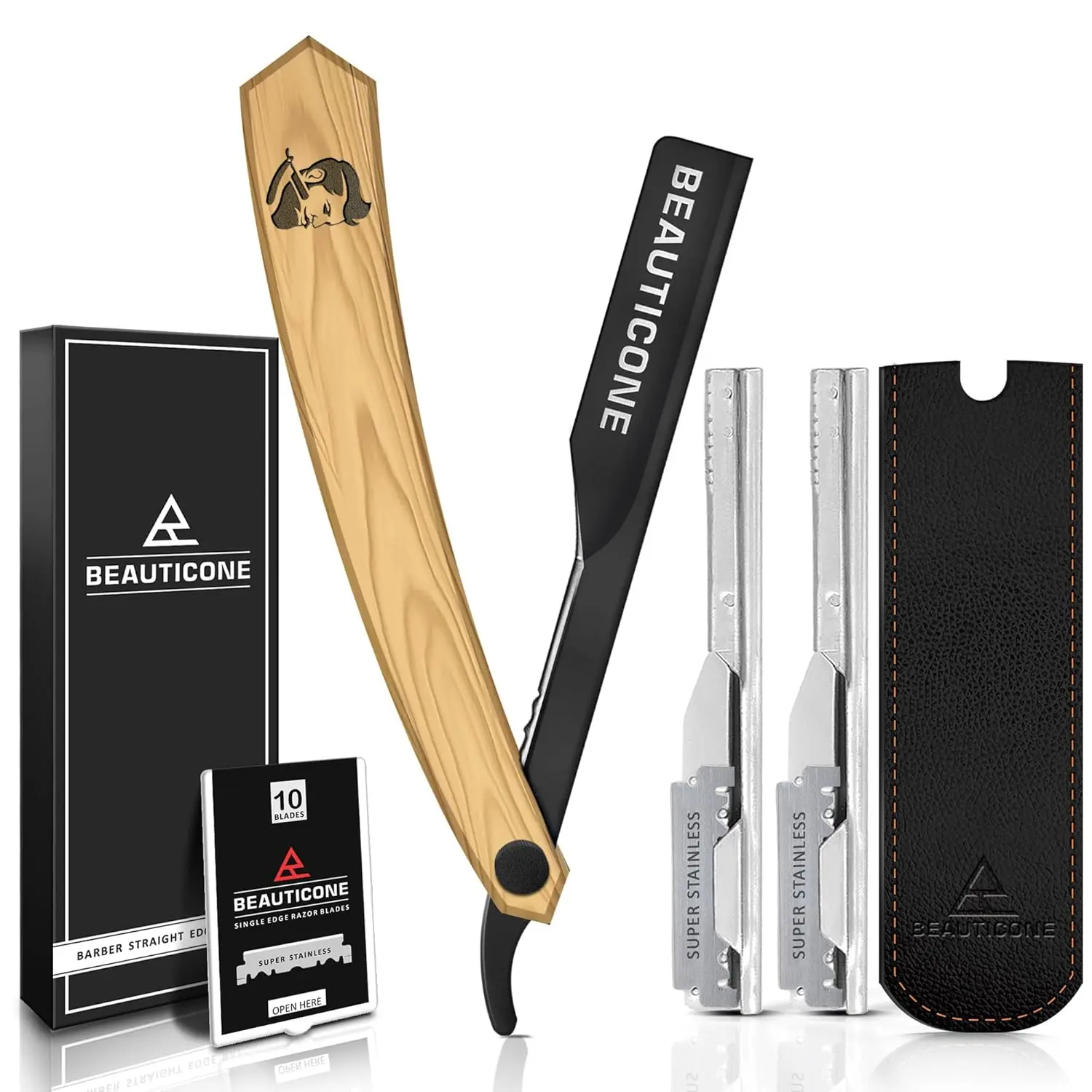 Straight Razors for Men, Professional Barber Razors, Premium Straight Edge Razor, Shaving Knife, Shavette, Stainless Steel, Wooden Handle, With PU Leather Case