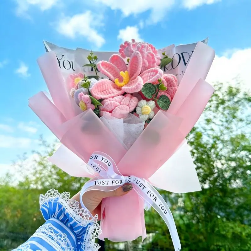 Handmade Crochet Pink Flower Bouquet with LED Lights  Gift Bag Forever，handmade flower bouquet, forever flower, eternal flower,   gift for girlfriend, mothers day gift, graduation gift, valentines day proposal gift, wedding decor flower