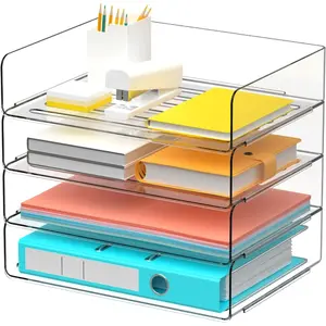 Stackable Desk Organizer-Paper Letter Tray, Office Desktop File & Book Storage Rack (Clear, 4 Wide Entry)