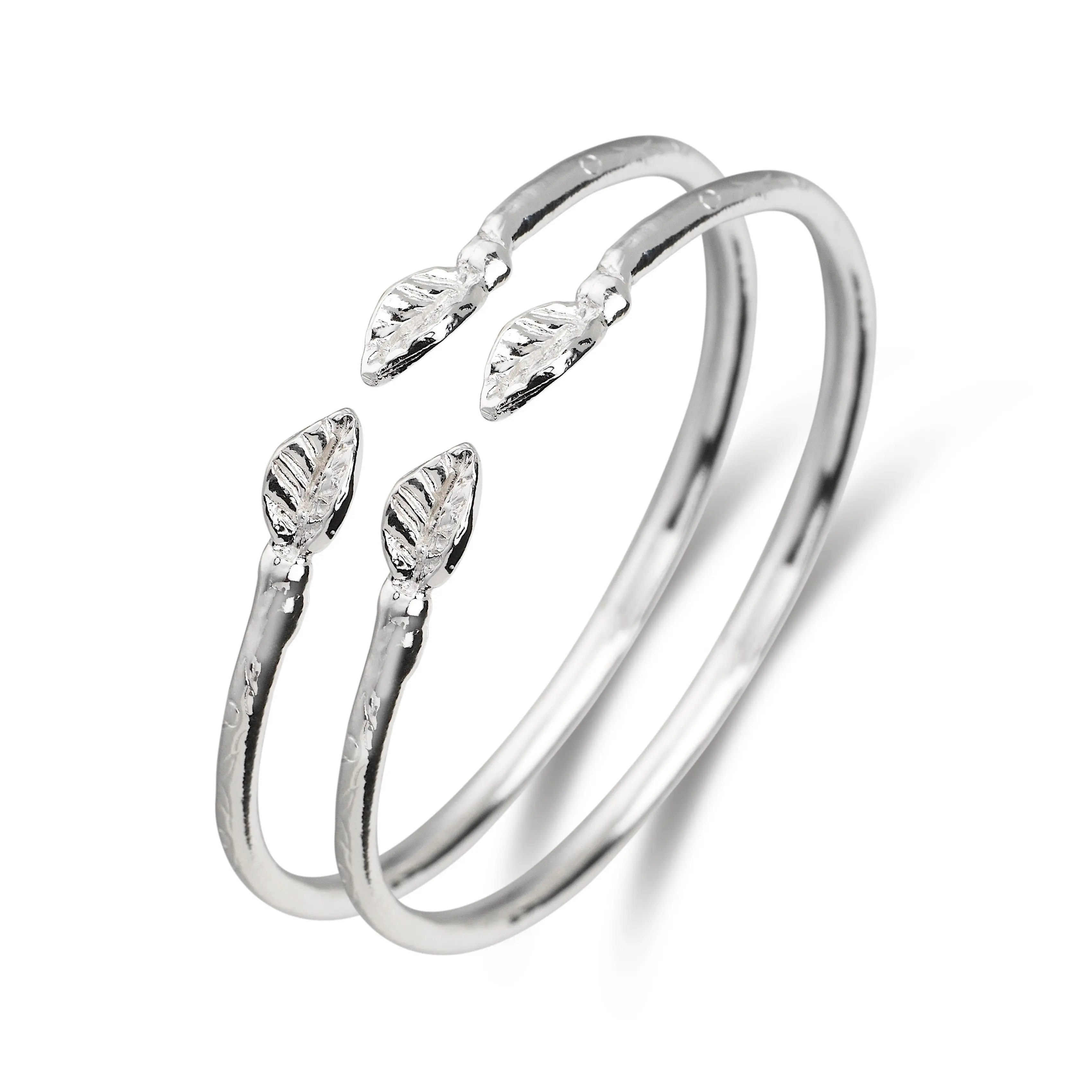 BETTER JEWELRY Bangles for Babies & Kids, Handcrafted West Indian Leaf Design in Solid .925 Sterling Silver, Expandable Set of 2, Cultural Bracelet, Handcrafted Bracelet, Leaf Design Bracelet