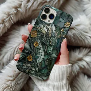 Dragon Stained Glass Phone Case Artful Aesthetic Fantasy Case Dark Green Dragon Lover Gift Phonecase, Magsafe Phone Cases  For IP X 11 12 13 14 15 16 S21 S22 S23 S24 S25-Ultra Series