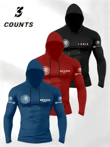 Men's 3-Pack Hooded Long Sleeve T-Shirts, Active T Shirts, Athletic Hooded Shirts, Trendy Print Design, Sporty Style, Fitted, Ideal for Daily Commute and Outdoor Activities
