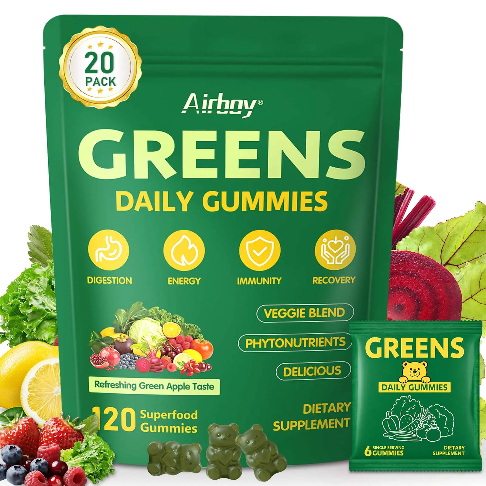 Greens Daily Gummies, Super Greens Multivitamin Gummy for Women and Men | Superfood Gummies with Spirulina, Chlorella, Adaptogens,Fruits, Vegetables, Support Digestion Gut Health - 20 Servings