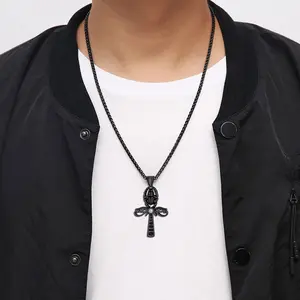 FaithHeart Vintage Eye of Horus Ankh Cross Pendant Necklace, Solid Stainless Steel Protection Amulet for Women & Men, Antique Egyptian Jewelry in Steel, Black, Golden Colors