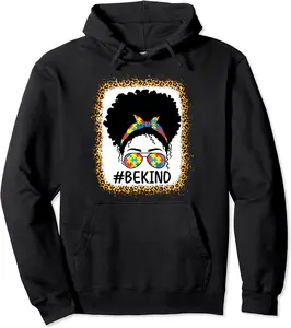 Be Kind Messy Bun Autism Awareness Month Black girl Bleached Pullover Hoodie - Mekhichri Shop 31B0CVYL39F9