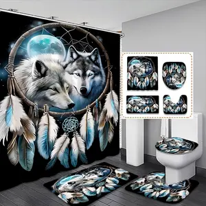Creative Indian Culture Wolf Theme Bathroom Decor Set, Bathroom Accessory, Includes Shower Curtain, Mat, Toilet Seat Cover, Waterproof, Christmas Gift