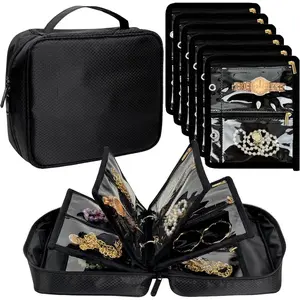Travel  Organizer Case, Bags for Traveling,  Binder with 24 count Clear Zipper  Pouches for Storing Earrings, Rings, Necklace, Bracelet, Watch (Black)