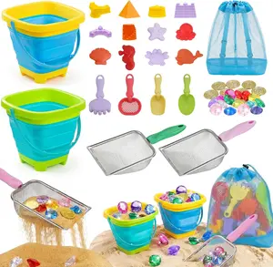 Summer Spring Gift 46 PCS Beach Sand Toys for Kids Toddlers, Collapsible Sand Buckets & Mesh Bag Set with Heavy Duty Metal Sifters, Treasure Hunt Gems, Castle Molds, Travel Sandbox Toys for Boys Girls