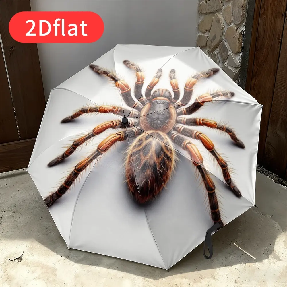Automatic open/close folding umbrella featuring a realistic spider design – compact foldable umbrella with brown and black gothic spider pattern, lightweight travel umbrella suitable for men and women, ideal Halloween