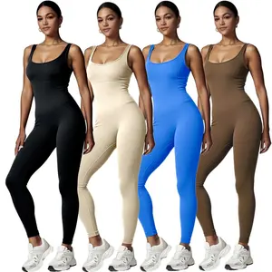 Women's Solid Tank Top Jumpsuit Casual Sleeveless Slim Fit Gym Rompers Workout Fitnesswear Tracksuits Overalls Piece Ribbed Seamless Nylon