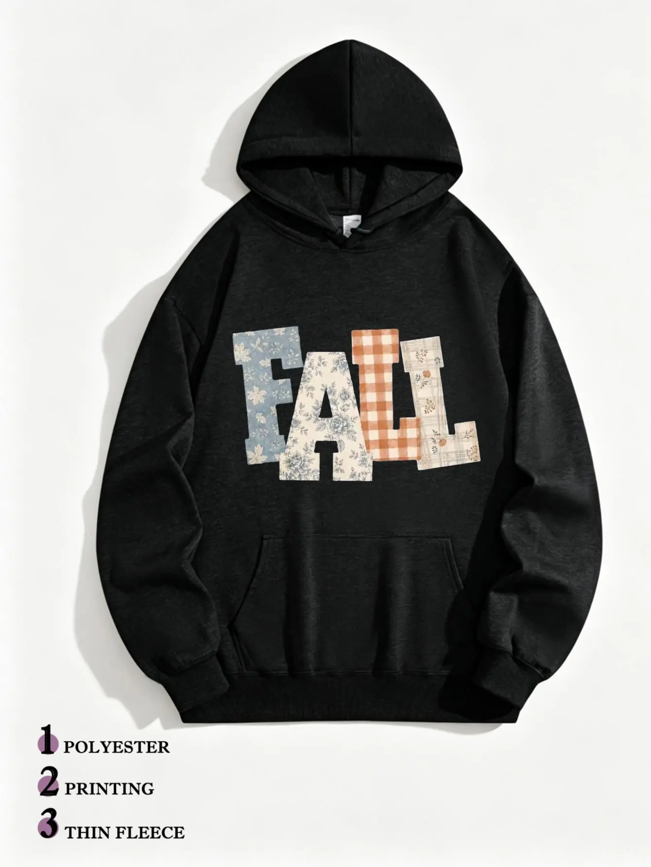 Women's Vintage Casual Floral Plaid Patchwork FALL Letter Pullover Hoodie - Brushed Fleece Cotton Blend Longsleeves Sweatshirt, Oversized Soft Cozy Autumn Harvest Graphic Top, Sweatshirts For Women, Drawstring Hood, Unisex Sizing, Hoodies For Women
