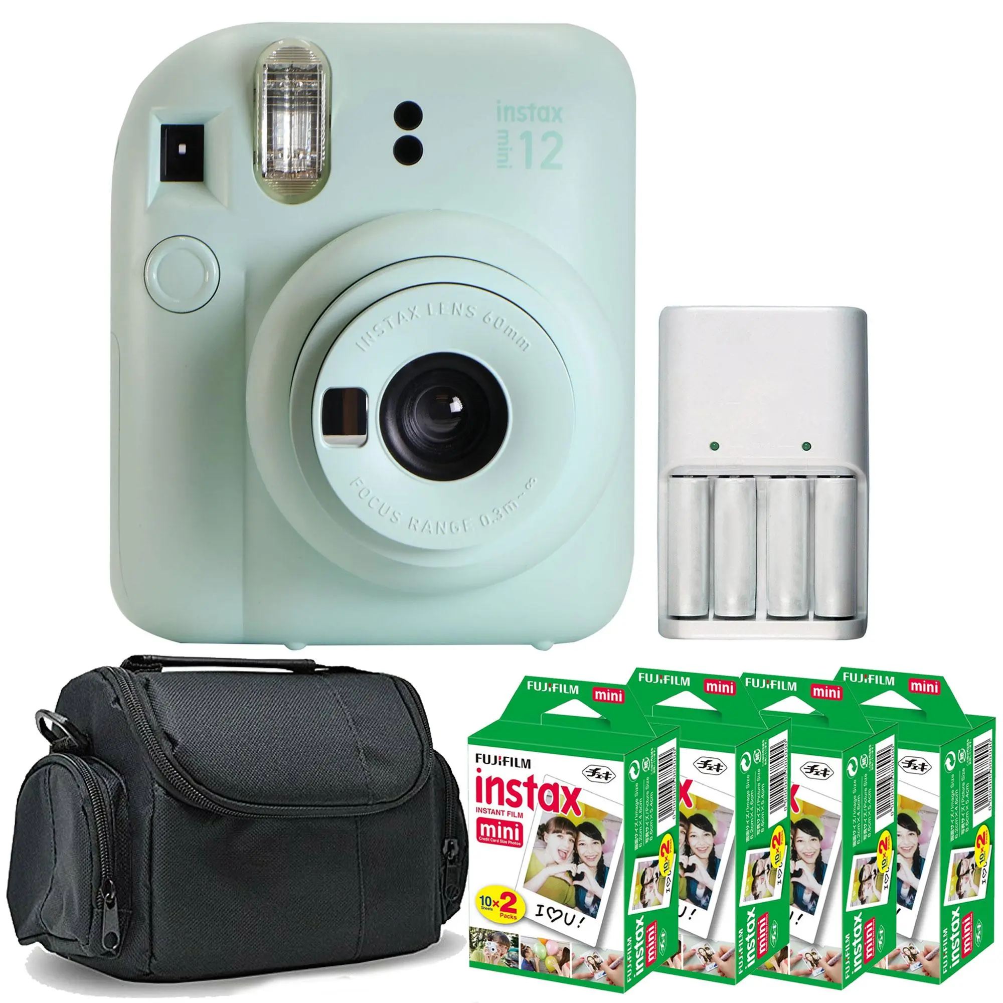 FUJIFILM INSTAX MINI 12 Instant Film Camera (Mint Green) + 4x Fujifilm 2x10 Film Mini Instax Film Pack + Xtreme Power Series 4AA/AAA Rechargeabl Batteries and Charger + BePro BC-1 Case (Small)