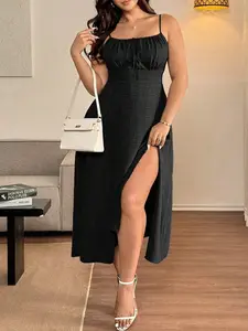 Plus Size Blue Midi Dress | Spaghetti Strap Backless | Sexy Slit Hem Vacation Style