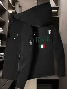 Men's Italian Theme Hooded Windproof Jacket, Italian Flag Print, Zip Pocket, Loose Fit, Casual Outdoor Wear