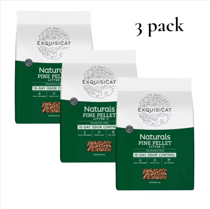 ExquisiCat Litter Multi-Cat Pine Pellet Cat Litter - Unscented, Low Dust, Low Tracking, Natural, 3 pack, 40 Lb, Pet Cat Litter, Premium Cat Litter, Easy Clean Litter, Easy Scoop Litter, Cat Box Litter, Indoor Cat Litter, Household Cat Litter, Cat Care