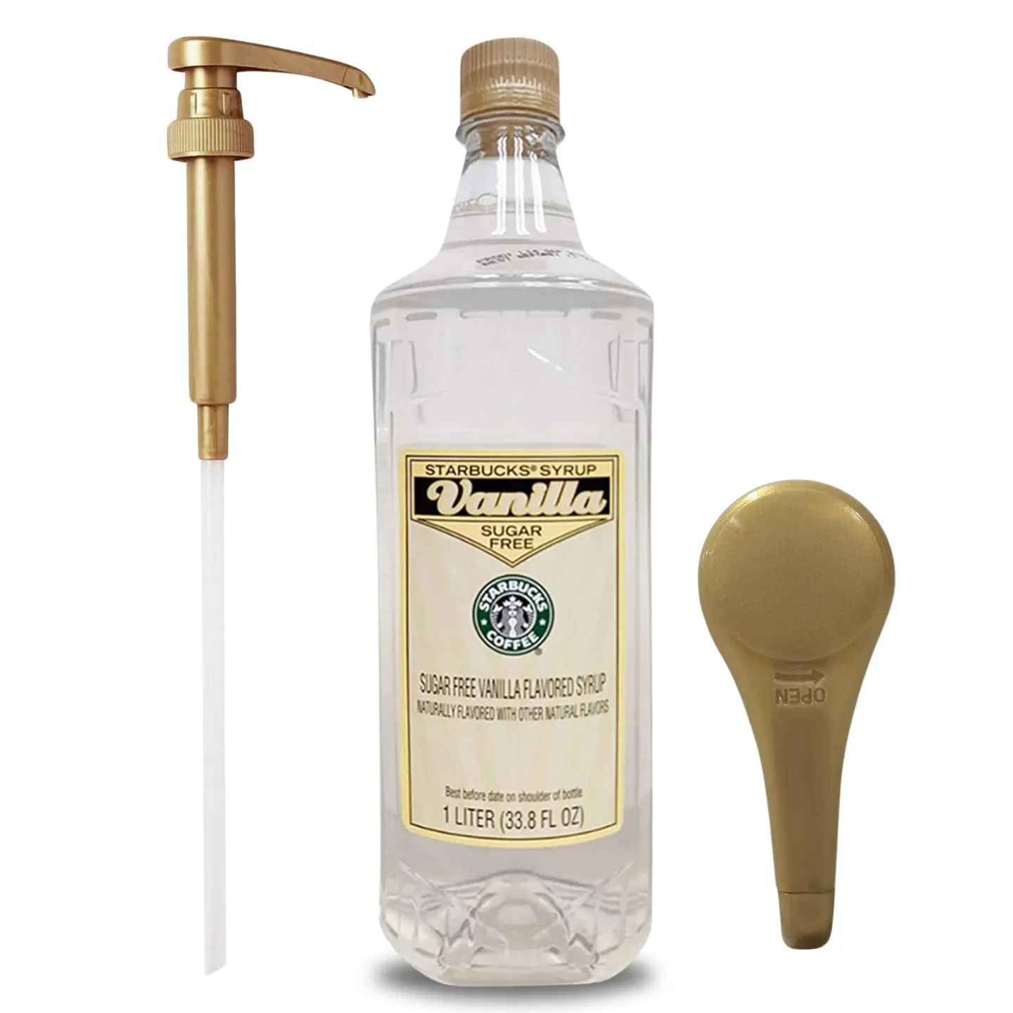 Starbucks Sugar-Free Vanilla Syrup (33.8 Oz/1L) with Gold Coffee Syrup Pump - 0-Sugar Flavoring for Lattes, Iced Coffee, Home Cafe Drinks