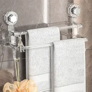 Dual-Bar Suction Cup Towel Rack with Hooks – No-Drill, Wall-Mounted Stainless Steel Organizer for Bathroom, Includes 3 Beige Towels and Decorative Spherical Knobs, Ideal for Home and Bathroom Decor, Towel Holder for Bathroom, Towel Racks