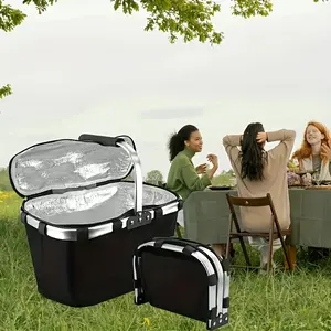Large Insulated Picnic Basket with Lid, 1 Count Lightweight Folding Oxford Cloth Outdoor Cooler Bag, Durable Multi-functional Picnic Basket for Graduation, Back to School