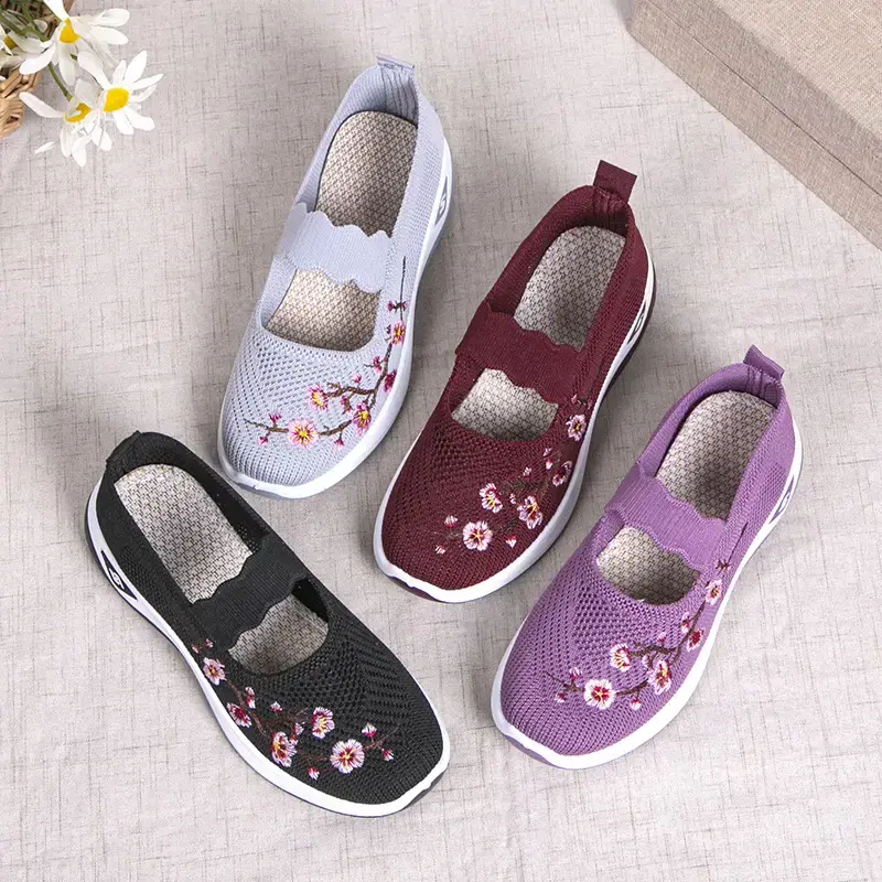Women's Embroidered Flowers Braid Linen Chic Versatile Wide Ankle Slip-On Sneakers - Breathable Knit Round Toe, Lightweight, Non-Slip Sole, All-Day Support Casual Shoes for Daily Wear, Errands, Chic Versatile Shoes, Women's Shoes