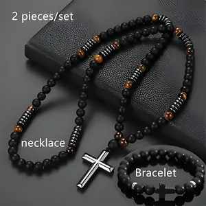 2Pcs Bohemian Cross Pendant Necklaces for Men & Women - Matte Black Tiger Eye Stones Natural Stone Beads Versatile Jewelry for Daily Wear Formal Events