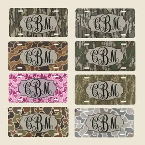 Custom Old School Camo License Plate Personalized Name Monogram Aluminum Car Tag Durable Pre Drilled Auto Accessories for Men Women Camouflage Car Decor USA Made