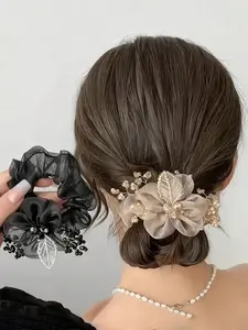 Women's Sweet Hair Accessories Set, Starry Scrunchie & Organza Big Scrunchie, Fashion Flower Hair Clips, Daily Travel Birthday Gift