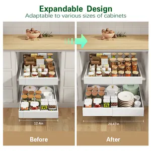 Expandable Pull Out Cabinet Organizer Adhesive,21"Deep 2Pack Slide Out Drawer for Kitchen Cabinets,Cabinet Pull Out Shelves For Kitchen Pantry Organization Adjustable Width 12.4"-20.47"White