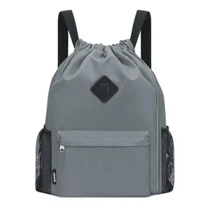Drawstring Backpack Sports Gym Bag with Shoes Compartment, Water-Resistant String Backpack Cinch for Women Men(Large,Grey)