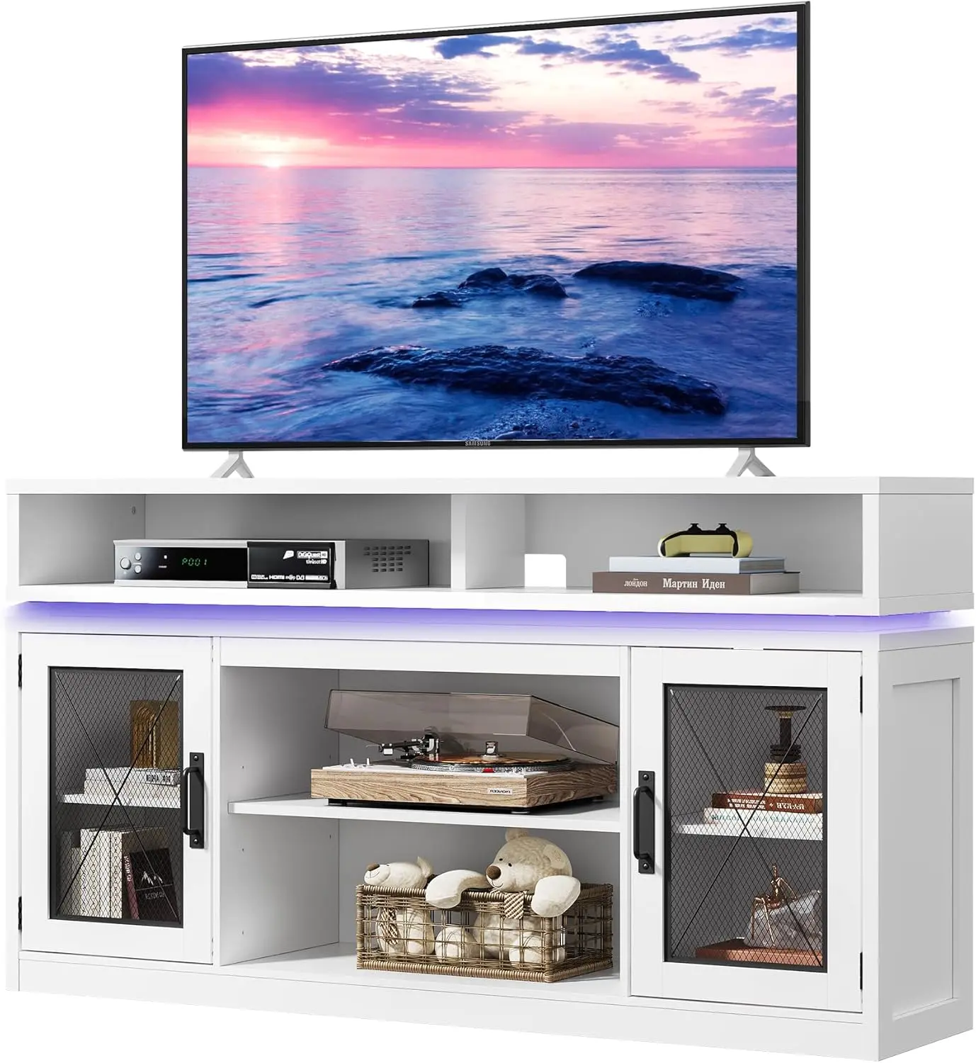 WLIVE Farmhouse TV Stand for TVs Up to 65 Inches, Tall Entertainment Center with Storage Cabinets & LED Lights, Media Console for Living Room, Bedroom, Home Theater, Tv Console Table, Tv Floor Stand